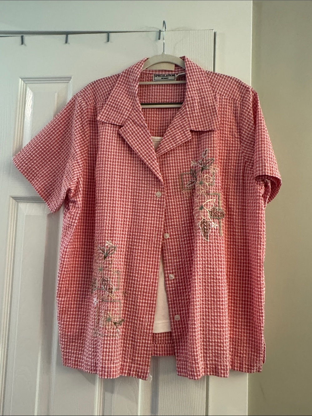 Pink Gingham Button-Up Shirt with Floral Embroidery inc embroidered tank-front